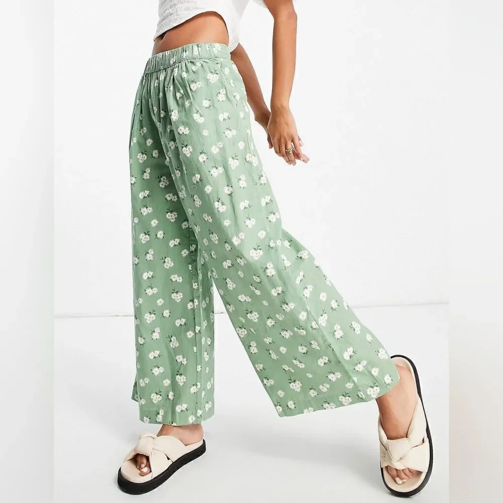 Mango Linen Blend Floral Pants Green New